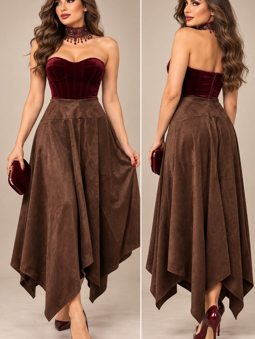 Women's Brown Asymmetric Handkerchief Hem Skirt - Brown- Faux Suede